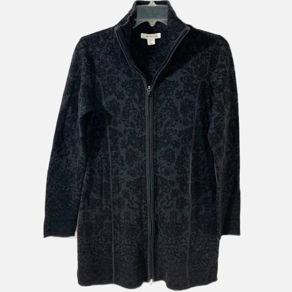 Dakini Front Zip Sweater Jacket Lace Like Pattern Longer Length Mock Turtleneck